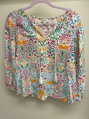 Calligraphie Linen Blend Colorful Print Round Elastic Neck Tassels Top size L